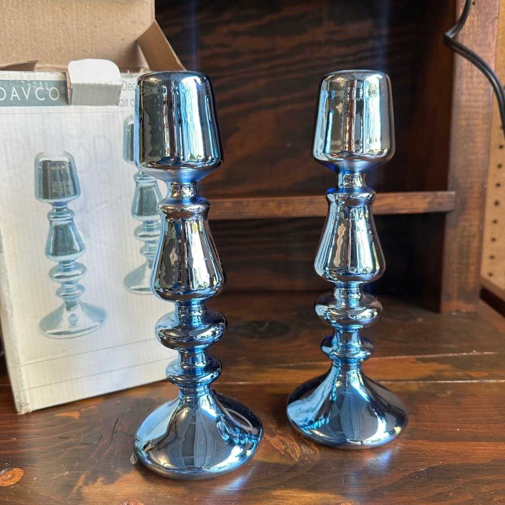 DAVCO 8 Inch Art Deco Pair Blue Vacuum Plated Glass Candlesticks‎